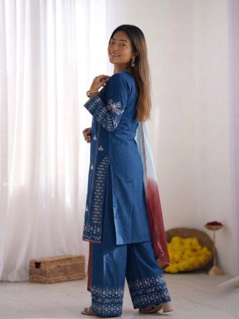 Womens Rayon Cotton Embroidered Kurti Palazzo Set with Dupatta