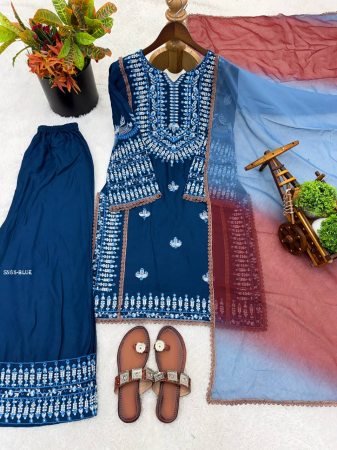 Womens Rayon Cotton Embroidered Kurti Palazzo Set with Dupatta