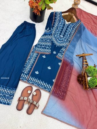 Womens Rayon Cotton Embroidered Kurti Palazzo Set with Dupatta