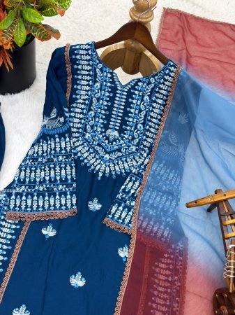Womens Rayon Cotton Embroidered Kurti Palazzo Set with Dupatta