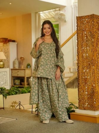 Womens Sage Green Floral Print Cotton Silk Dhoti Set with Bell Sleeve 