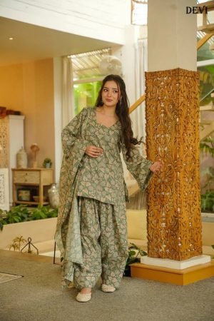 Womens Sage Green Floral Print Cotton Silk Dhoti Set with Bell Sleeve