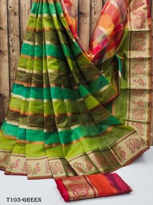 Womens Wear Green Silk Pathani Saree With Zari Lining