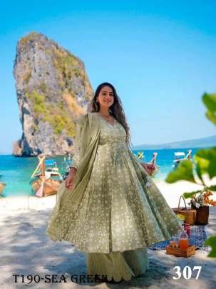 Womens Wear Sea Green Pure Muslin With Kurti Pant Dupatta Set
