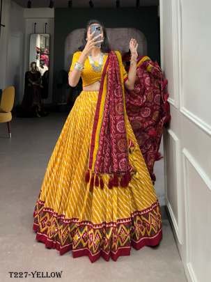 Womens Wear Yellow  Leheriya Print Tussar Silk Lehenga Choli