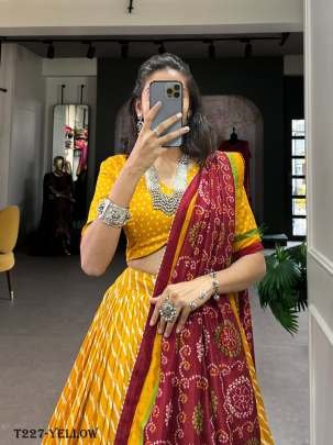 Womens Wear Yellow  Leheriya Print Tussar Silk Lehenga Choli