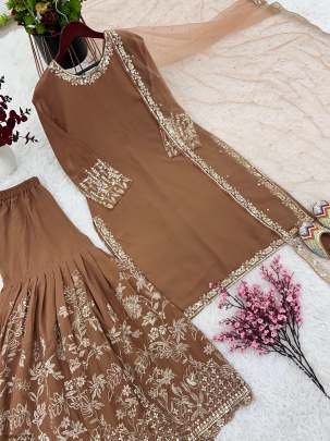 Wood Colour  Heavy Faux Georgette Top Sharara With Dupatta