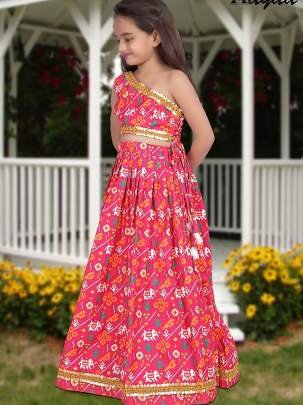 Yaana vol 1 By Aayaa Pink One Shoulder Top with Patola lehenga for Kids Girls  102