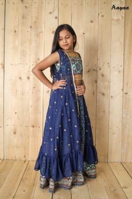 Yaana vol 2 By Aayaa Blue Floral Digital Print Kids lehenga Choli with Shrug 205