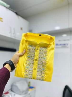 Yellow Aabhushan Silk Men Kurta With Payjama