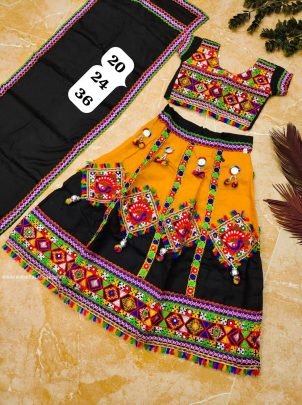 Yellow And Black Navratri Traditional Lehenga For Kids 