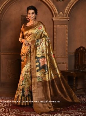 Yellow and Brown Soft Ghicha Tussar Silk Saree with Beautiful Kalamkari Printed Work