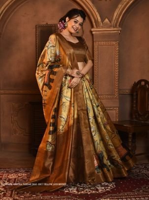 Yellow and Brown Soft Ghicha Tussar Silk Saree with Beautiful Kalamkari Printed Work