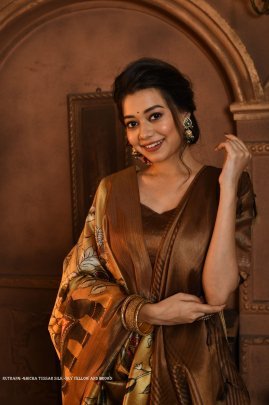 Yellow and Brown Soft Ghicha Tussar Silk Saree with Beautiful Kalamkari Printed Work