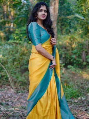 Yellow and Firozi Colour Combination Pure Soft Semi Silk Saree With Attractive Unstitched Blouse Piece