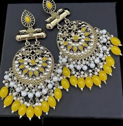 Yellow and Gold Kundan With Pearls Peacock Ethnic Large Shehnaz Chandbali Earrings