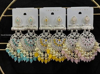Yellow and Gold Kundan With Pearls Peacock Ethnic Large Shehnaz Chandbali Earrings