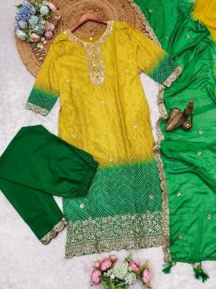 Yellow And Green Elegant Bandhani Print Chinon Three Piece Kurtis Set
