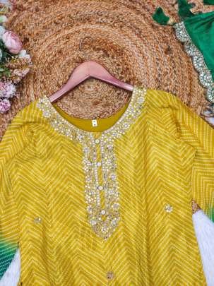 Yellow And Green Elegant Bandhani Print Chinon Three Piece Kurtis Set