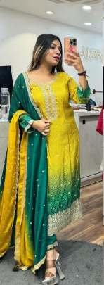 Yellow And Green Elegant Bandhani Print Chinon Three Piece Kurtis Set