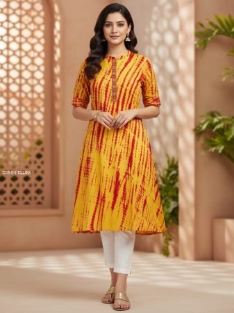 Yellow And Red Leheriya Print A Line Kurta with Embroidered Neck