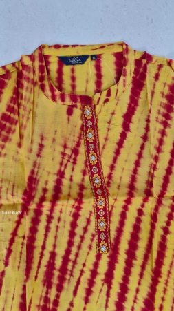 Yellow And Red Leheriya Print A Line Kurta with Embroidered Neck