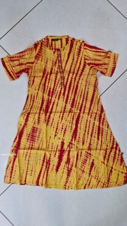 Yellow And Red Leheriya Print A Line Kurta with Embroidered Neck