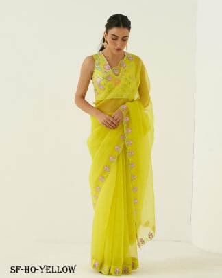 Yellow Beautiful Handcraft Organza Saree With Silk Blouse