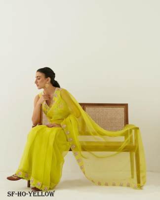 Yellow Beautiful Handcraft Organza Saree With Silk Blouse