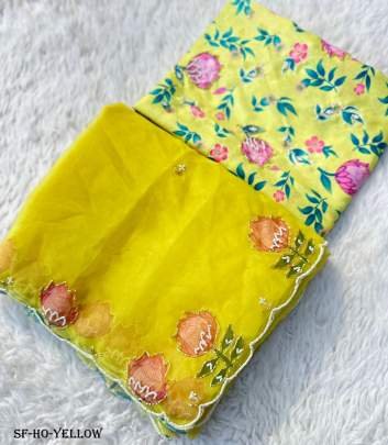 Yellow Beautiful Handcraft Organza Saree With Silk Blouse