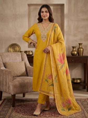 Yellow Chanderi Cotton Three Piece Kurti 