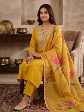 Yellow Chanderi Cotton Three Piece Kurti