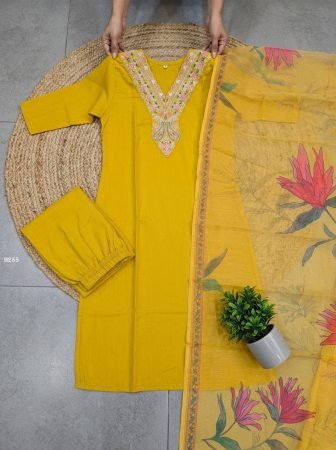 Yellow Chanderi Cotton Three Piece Kurti