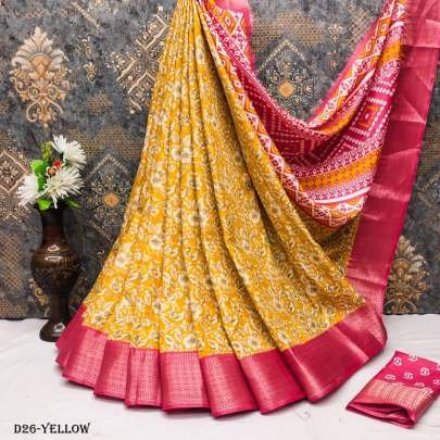 Yellow Color Dola Dark flower printed Silk Sarees