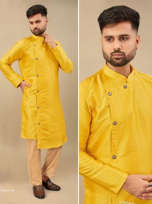 Yellow color fancy silk Cross Kurta Pyjama sets 