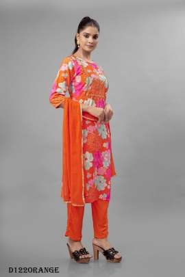 Orange Color Floral Printed Fancy Kurti Pant With Dupatta