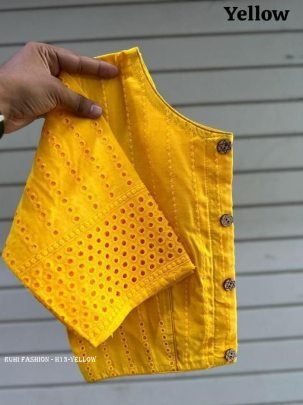 Yellow Color Jaipuri Goli Hakoba Boat Neck Ready made Blouse with Wooden Button