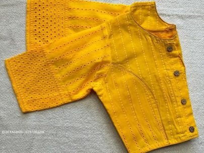 Yellow Color Jaipuri Goli Hakoba Boat Neck Ready made Blouse with Wooden Button