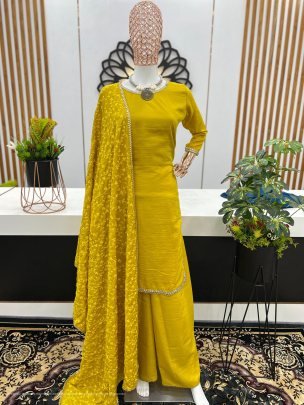 yellow color maska cotton silk with real mirror handwork lace border with full sleeve Palazzo suit
