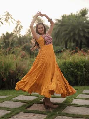 Yellow Color Navratri Gown in Rayon With Gamthi Work and 12 Meter Big Flair