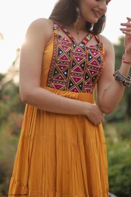 Yellow Color Navratri Gown in Rayon With Gamthi Work and 12 Meter Big Flair