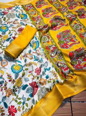 Yellow color silk sarees with Kalamkari Design