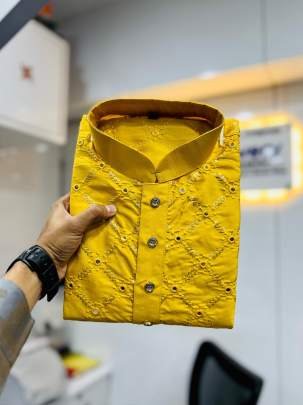 Yellow Cotton Golden Mirror Kurta And Pyjama