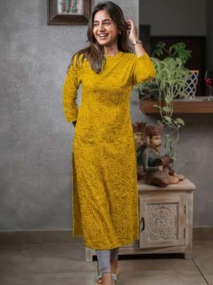 Yellow Cotton Printed Daily Wear Kurti