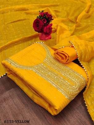 Yellow Designer Chanderi Unstitched Suits With Crosset Work