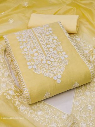 yellow designer embroidery santoon dress material