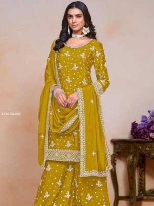 Yellow Designer Sharara Set With Embroidery Sequence Design Work