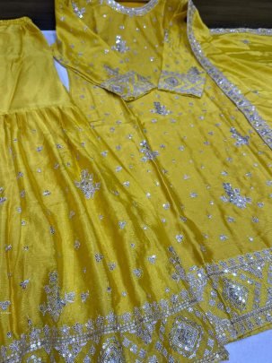 Yellow Designer Sharara Set With Embroidery Sequence Design Work