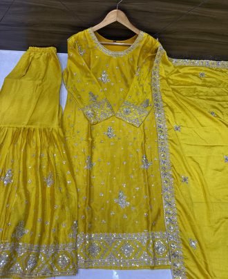 Yellow Designer Sharara Set With Embroidery Sequence Design Work