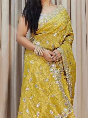 Yellow Designer Soft Gold Crush Saree With Cut Work Border